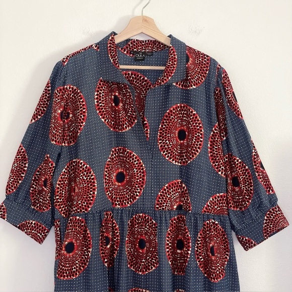 NEW The Oula Company Tiered Maxi Printed Cotton Shirt Dress Blue Red Large - Picture 4 of 11